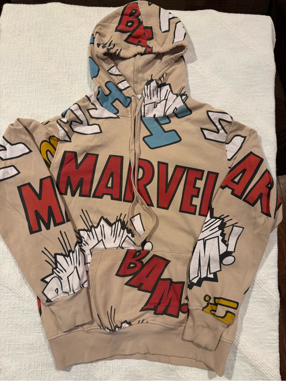 Marvel Beige Graphic Crewneck Hoodie with Red Logo